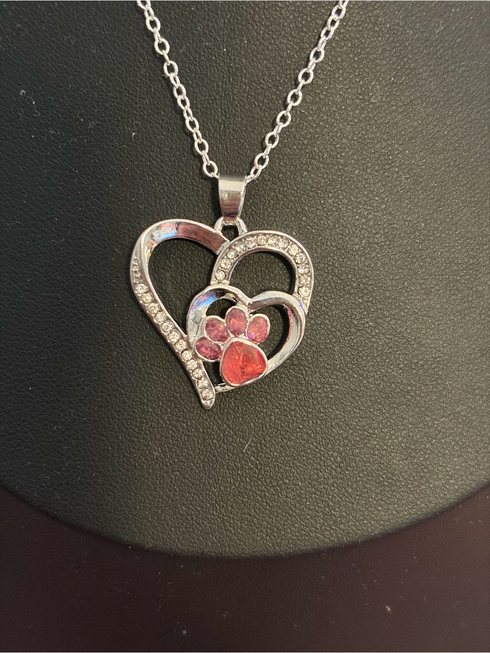 Silver Heart Necklace with red Paw Accent